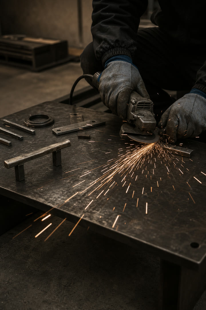 Novant craftsperson grinding steel door hardware in the workshop, sparks flying