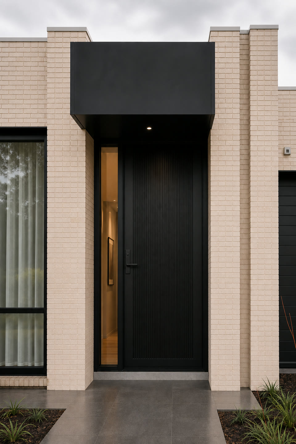 Matte black fluted entry door on a white brick facade