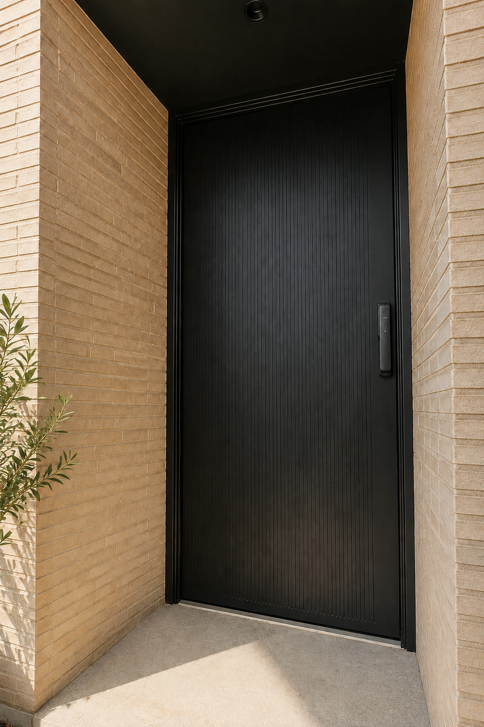 Black entry door in a brick entry alcove