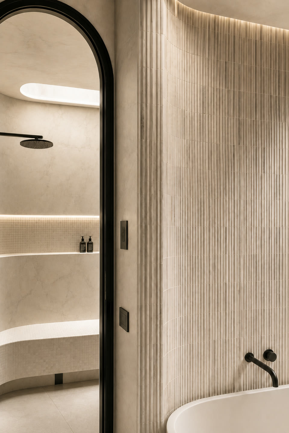 Arched black-framed door to a limestone bathroom