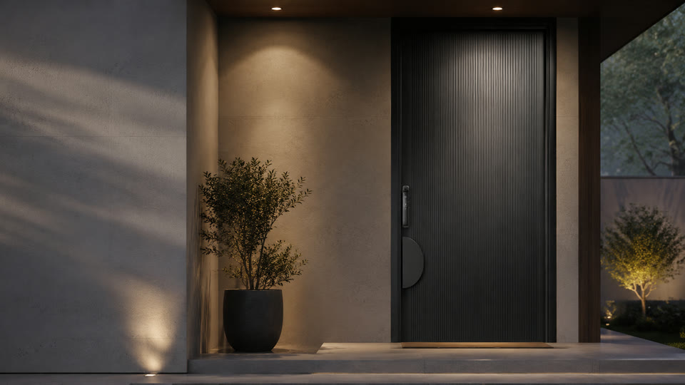 Black pivot entry door with a round pull in a courtyard at dusk