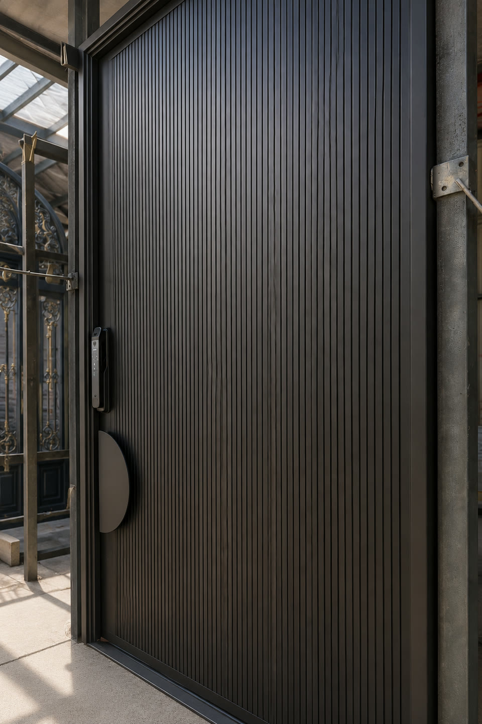 Dark fluted pivot door with a disc pull in a steel surround