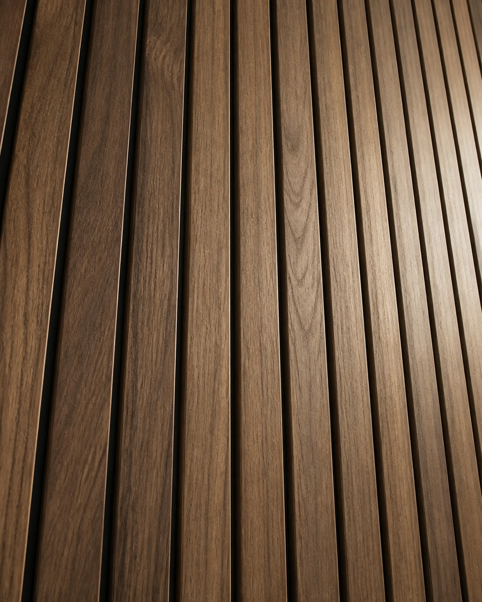 Walnut slat door surface, close-up