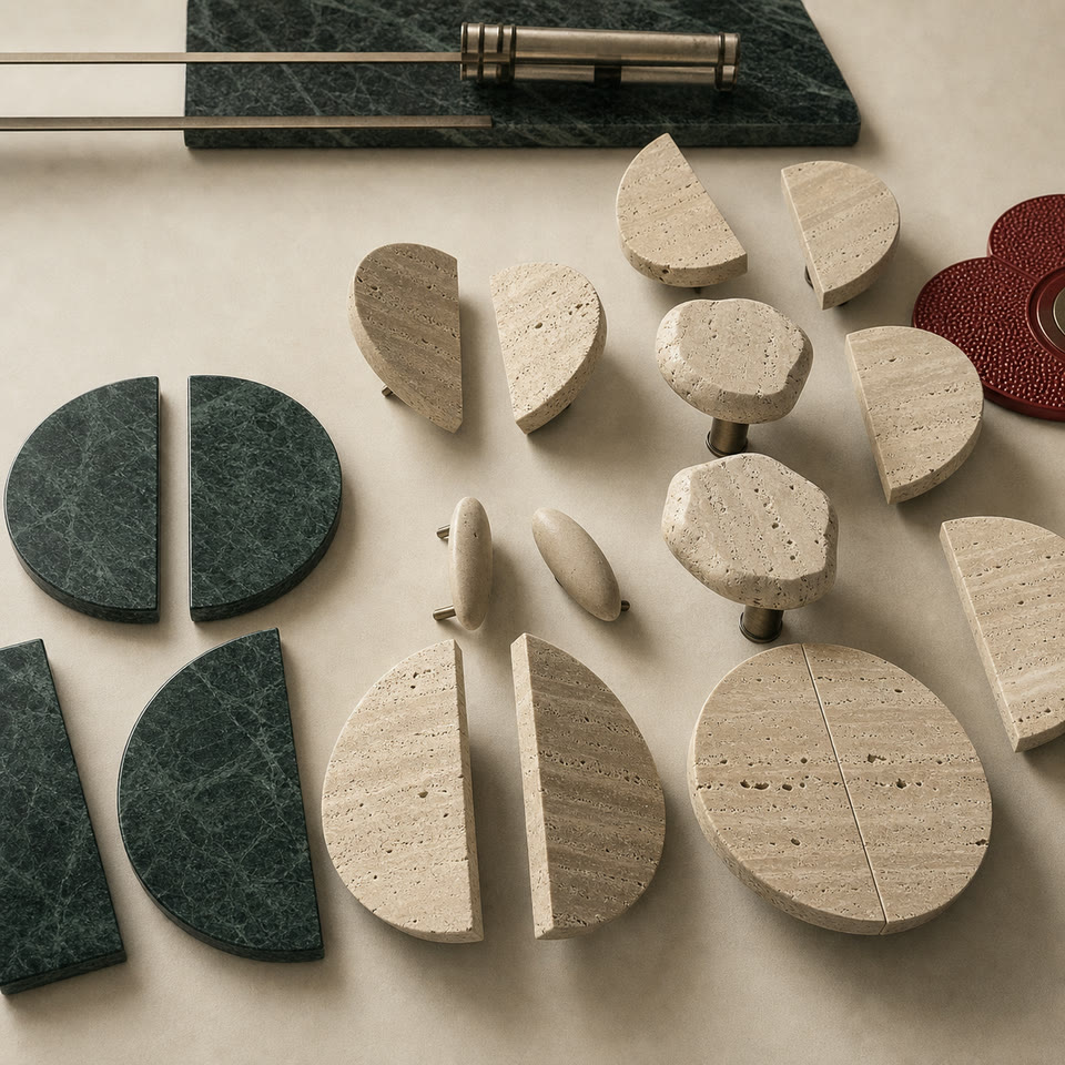 Stone and travertine handle prototypes, flat lay