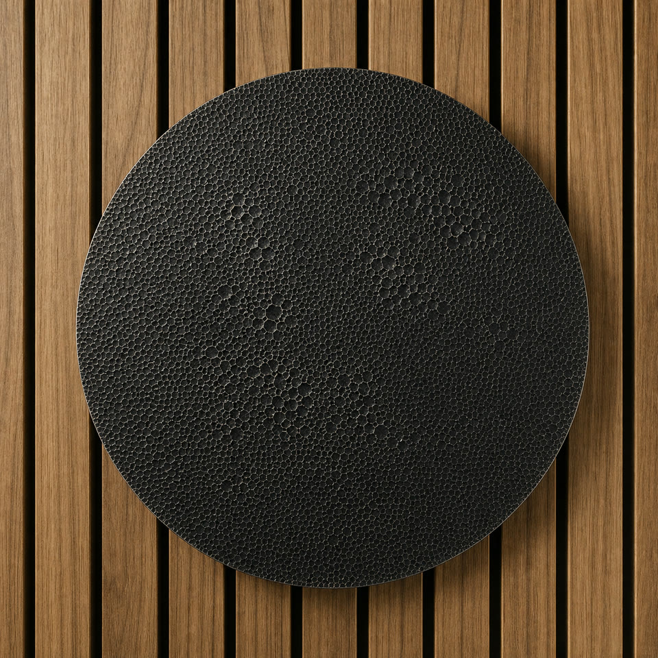 Black shagreen-textured disc pull on timber slats