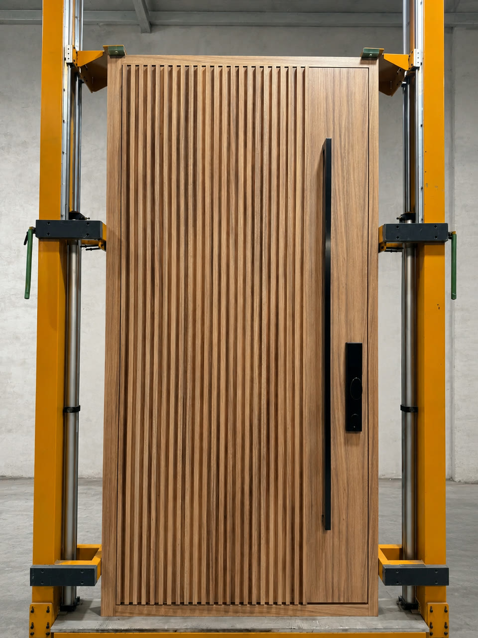 Fluted timber door in the finishing rig