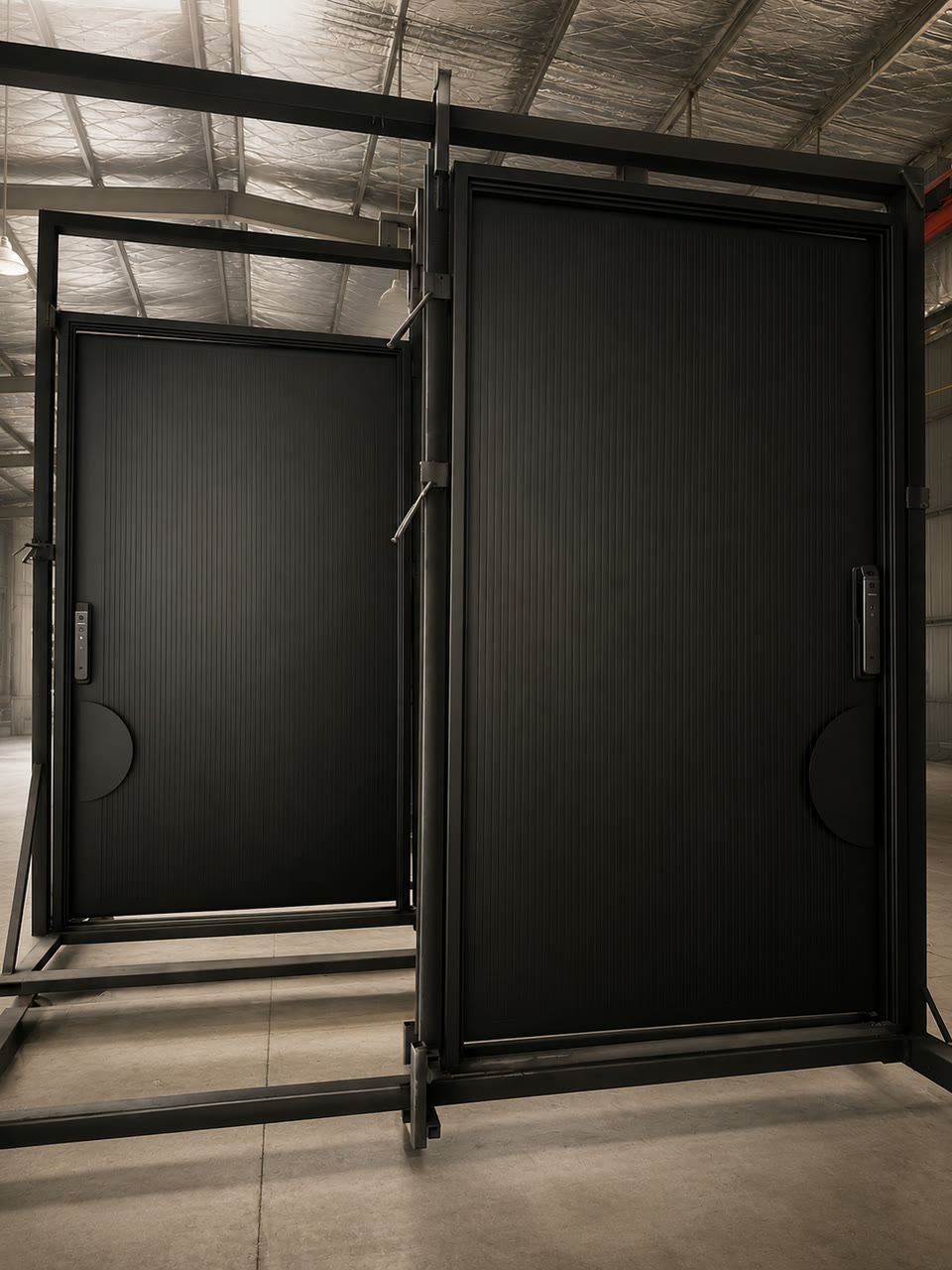 Black pivot doors awaiting dispatch