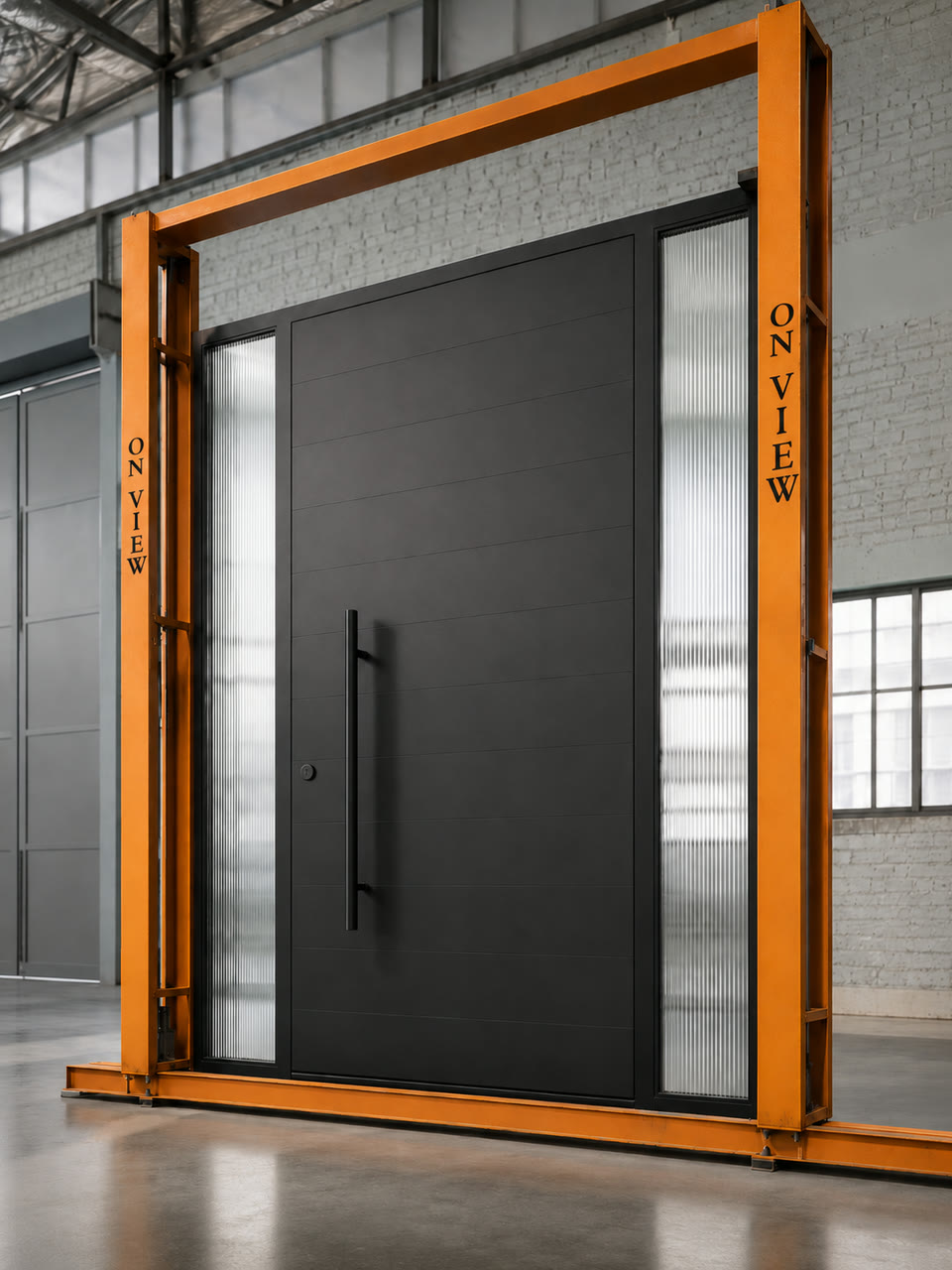 Pivot door with sidelight, test-hung in the workshop