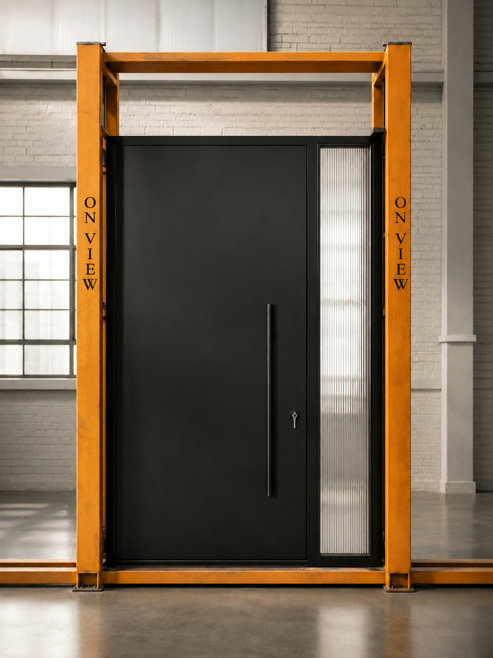 Entry door test-hung in the workshop frame